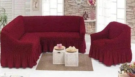 Бордовый Чехол накидка на угловой диван с креслом, комплект чехлов на угловой диван и кресло с оборкой Турция