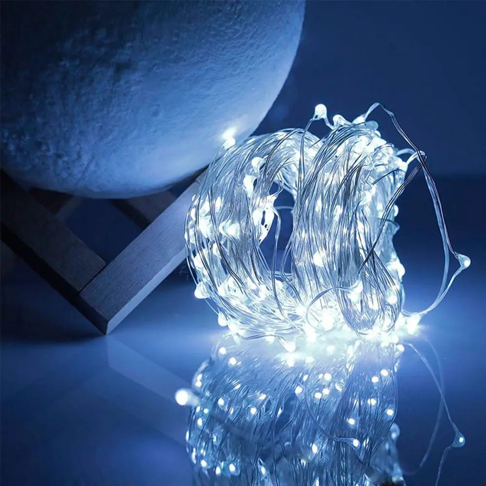 Гирлянда нить Роса от USB, 30м, 300LED + пульт, Холодный белый / Светодиодная новогодняя гирлянда