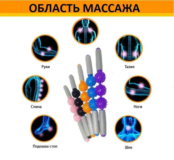 Ролик массажный для йоги массажер для спины валик для фитнеса Massage stick AND 5284  (Шарики 3 шт)