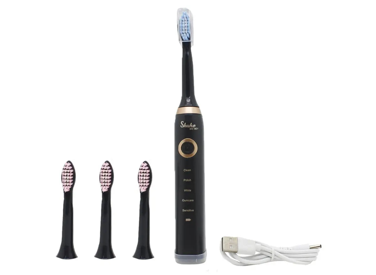 Черная Электрическая зубная щетка Shuke SK-601 аккумуляторная ультразвуковая щетка для зубов 3 насадки