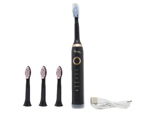 Черная Электрическая зубная щетка Shuke SK-601 аккумуляторная ультразвуковая щетка для зубов 3 насадки