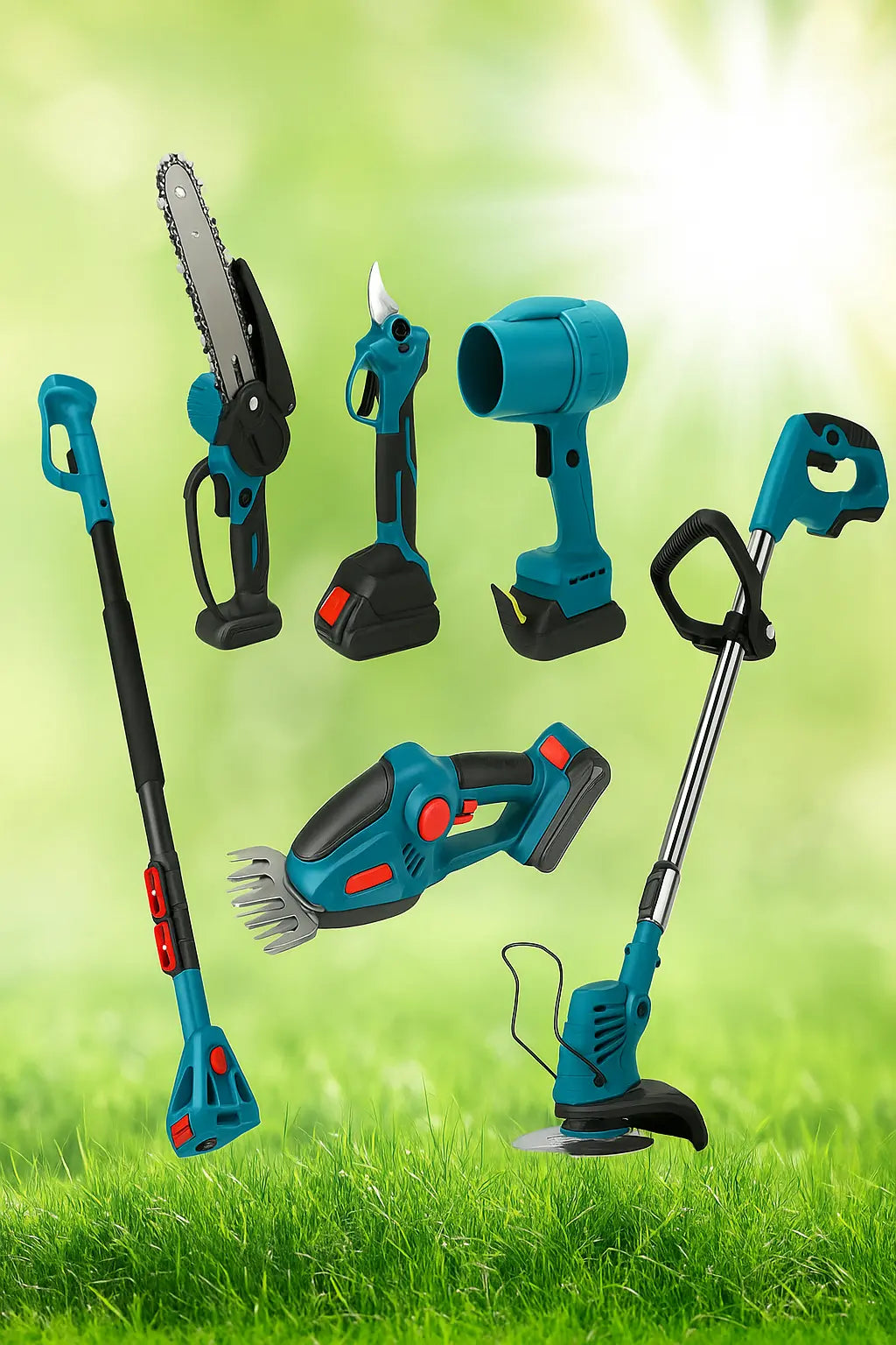 Аккумуляторный универсальный садовый набор 6 в 1 / Секатор / Мини-пила / Триммер / Воздуходувка / Удлинитель / Кусторез