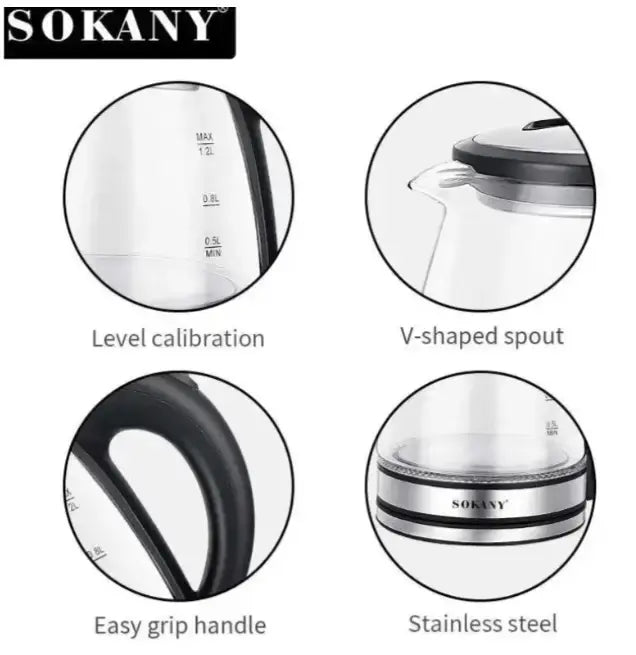 Стеклянный электрочайник 1500Вт Sokany SK-SH-1059, чайник с подсветкой на 1.2 л.