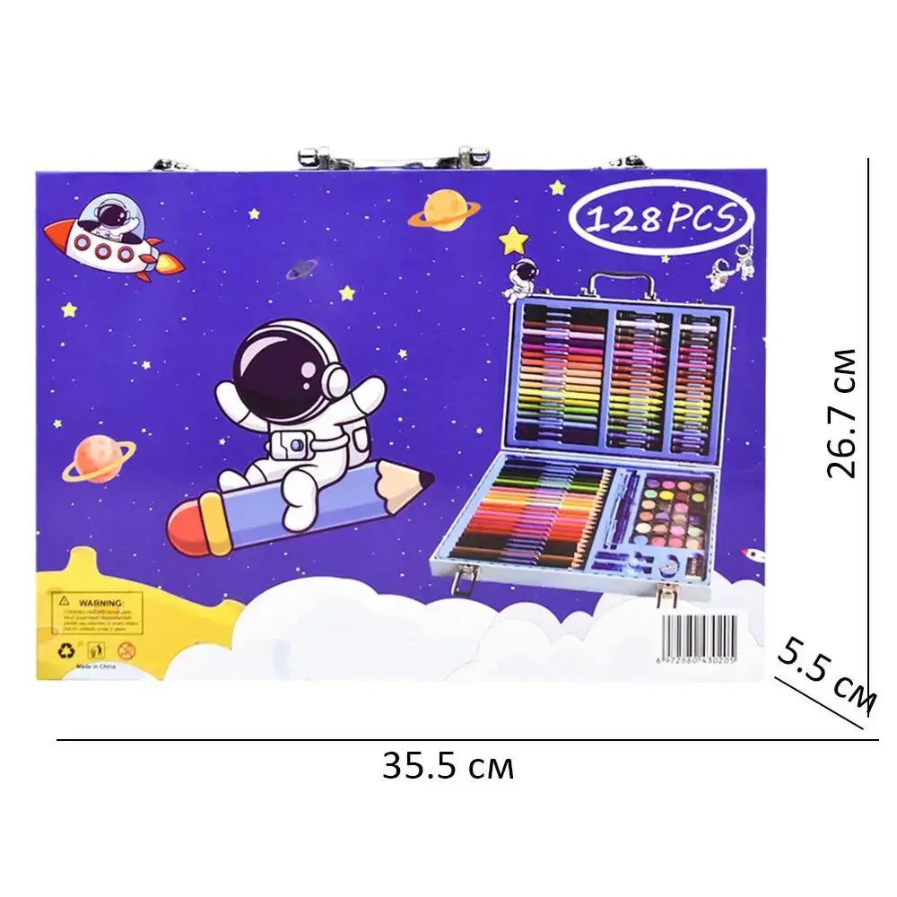 Набор для рисования в кейсе 128 предметов, Космонавт, Синий / Детский набор для творчества / Набор художника YU227
