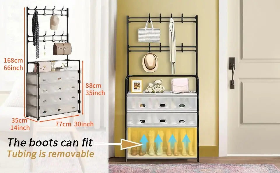 NEW Железная вешалка для одежды + подставка для обуви, 2 в одном, 4 полки  Бежевая