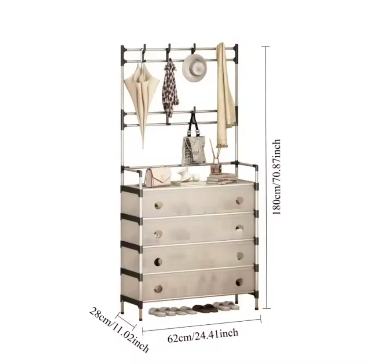 NEW Железная вешалка для одежды + подставка для обуви, 2 в одном, 4 полки  Бежевая