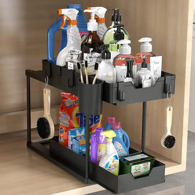 Органайзер двухуровневый с выдвижным ящиком для хранения и крючками