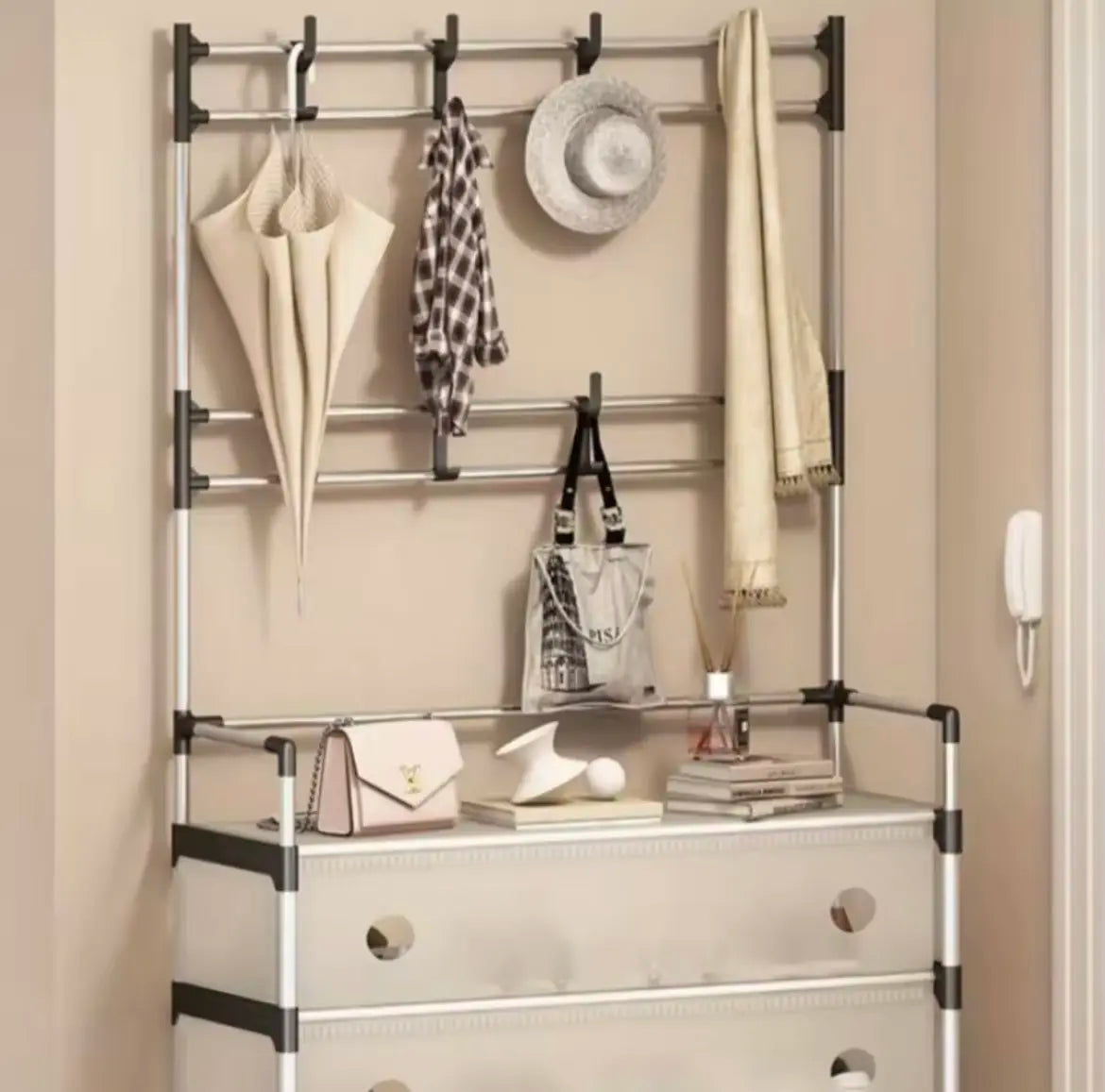 NEW Железная вешалка для одежды + подставка для обуви, 2 в одном, 4 полки  Бежевая