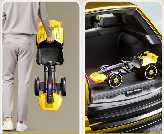 Электромобиль сложен с аккумулятором 6V 4.5Ah и скоростью до 6 км/ч/M-6072 Eco Koleso желтый