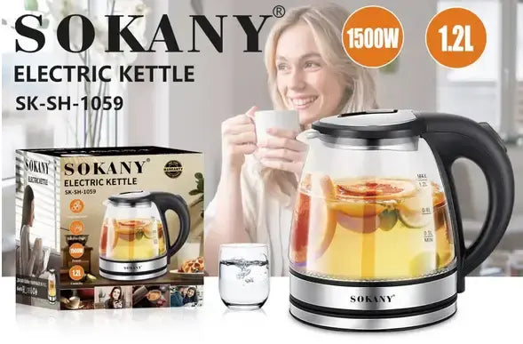 Стеклянный электрочайник 1500Вт Sokany SK-SH-1059, чайник с подсветкой на 1.2 л.