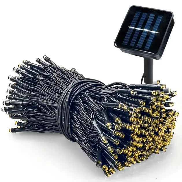 Гирлянда нить на солнечной батарее 1500 LED 150 м черный провод желтый
