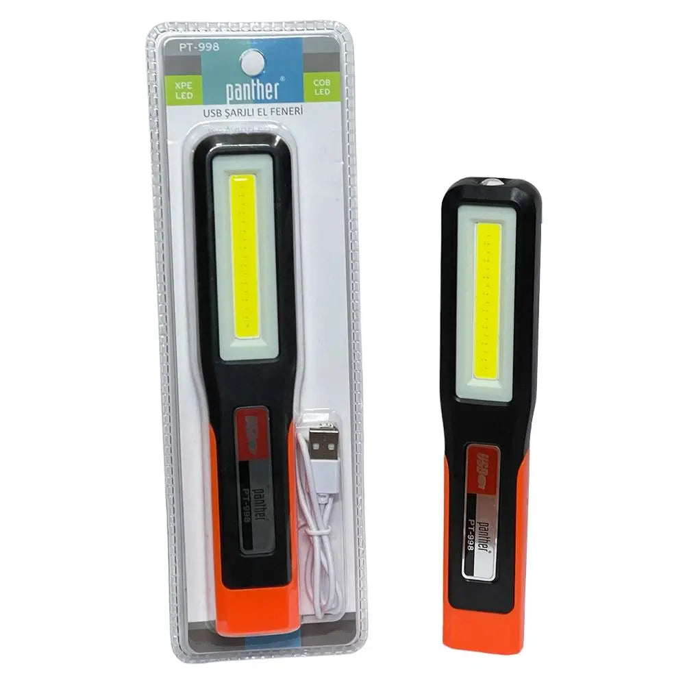 Фонарь аккумуляторный ручной LED с магнитом и крючком COB боковая панель зарядка USB 1200mAh фонарик PT-998