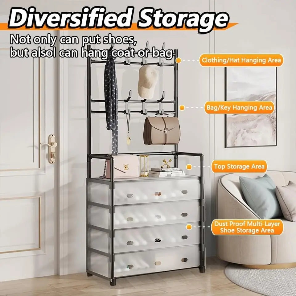 NEW Железная вешалка для одежды + подставка для обуви, 2 в одном, 4 полки  Бежевая