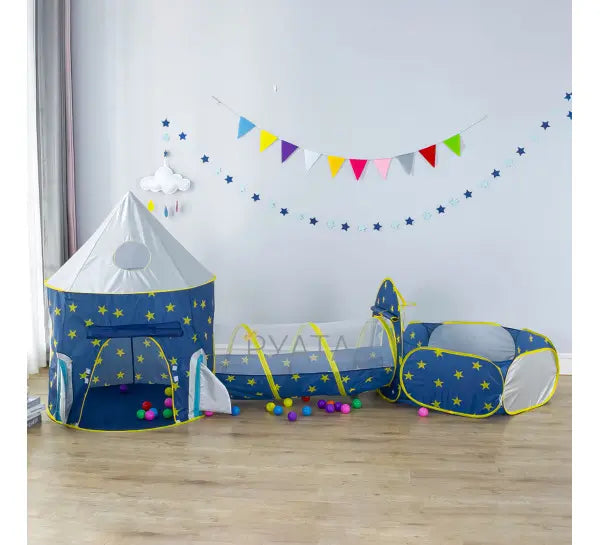 Детский игровой домик-палатка "Замок" 3в1 с туннелем и бассейном под шарики синяя