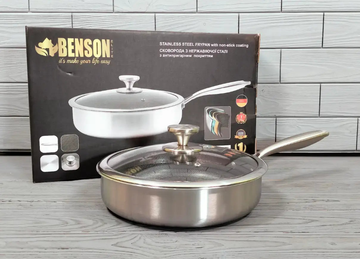 Cковорода глубокая Benson из нержавеющей стали 26 см (BN-587) Антипригарное покрытие