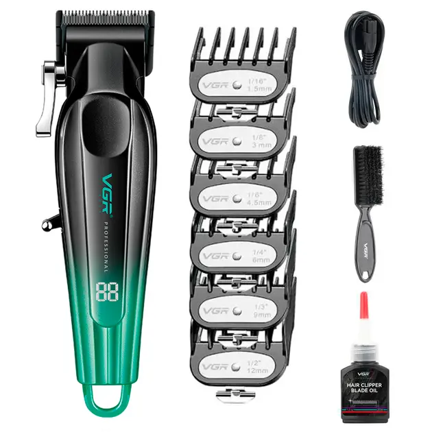 Аккумуляторная машинка для стрижки VGR V-662 GREEN, 7000 RPM, 6 насадок, LED дисплей