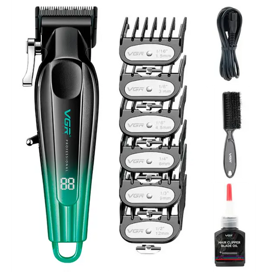 Аккумуляторная машинка для стрижки VGR V-662 GREEN, 7000 RPM, 6 насадок, LED дисплей