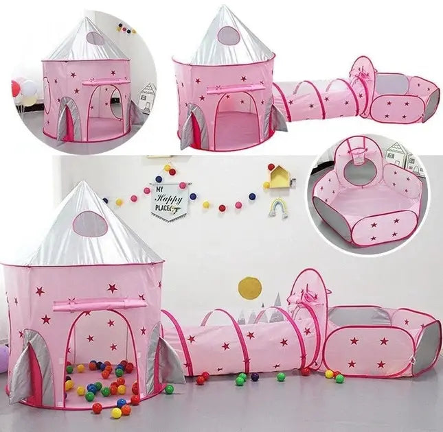 Детский игровой домик-палатка "Замок" 3в1 с туннелем и бассейном под шарики розовая