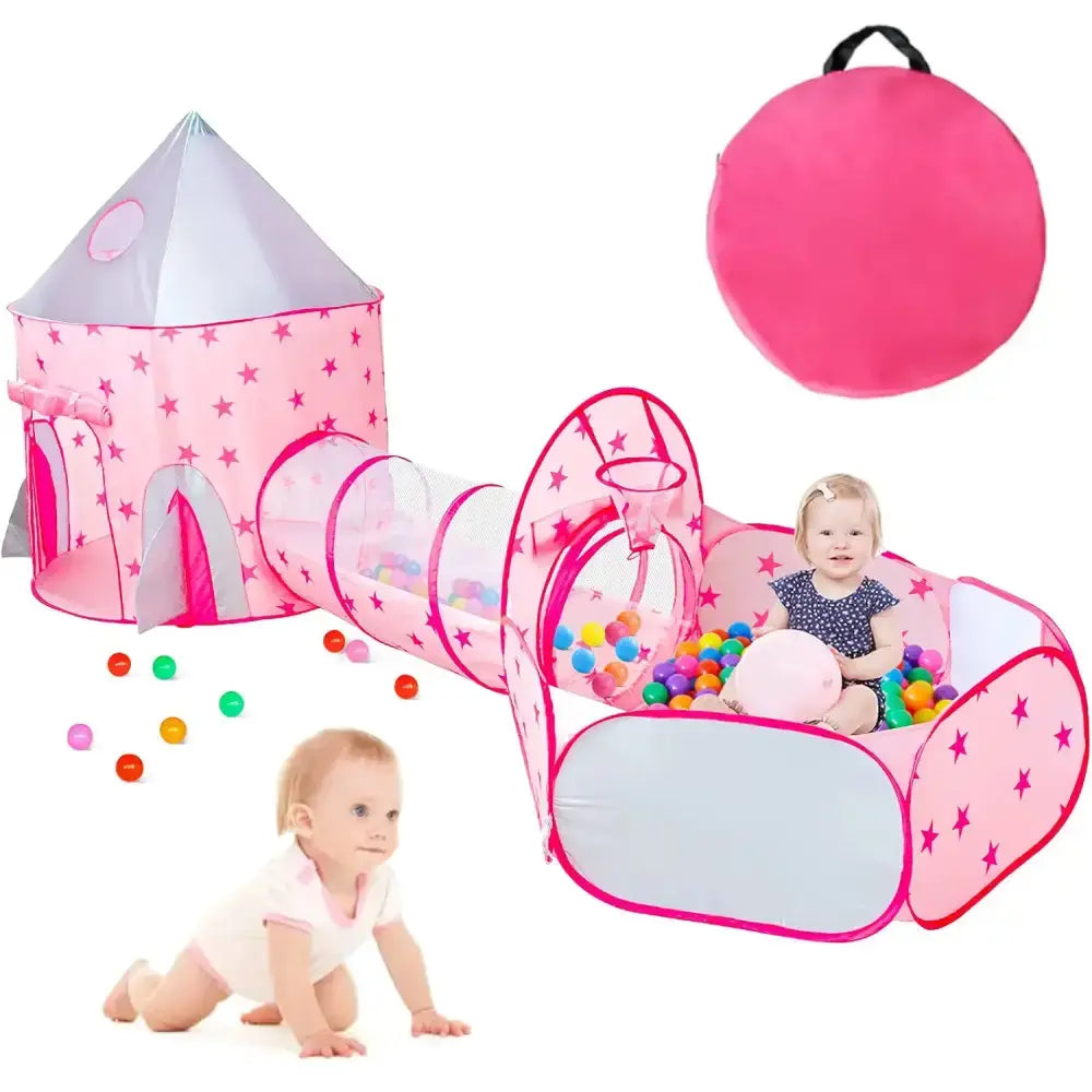 Детский игровой домик-палатка "Замок" 3в1 с туннелем и бассейном под шарики розовая
