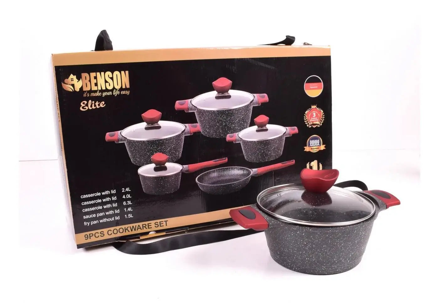 Набор кастрюль BN-338 9 предметов, ковшик 1,4 л; 2,4л; 4л; 6,3л; сковорода 24см