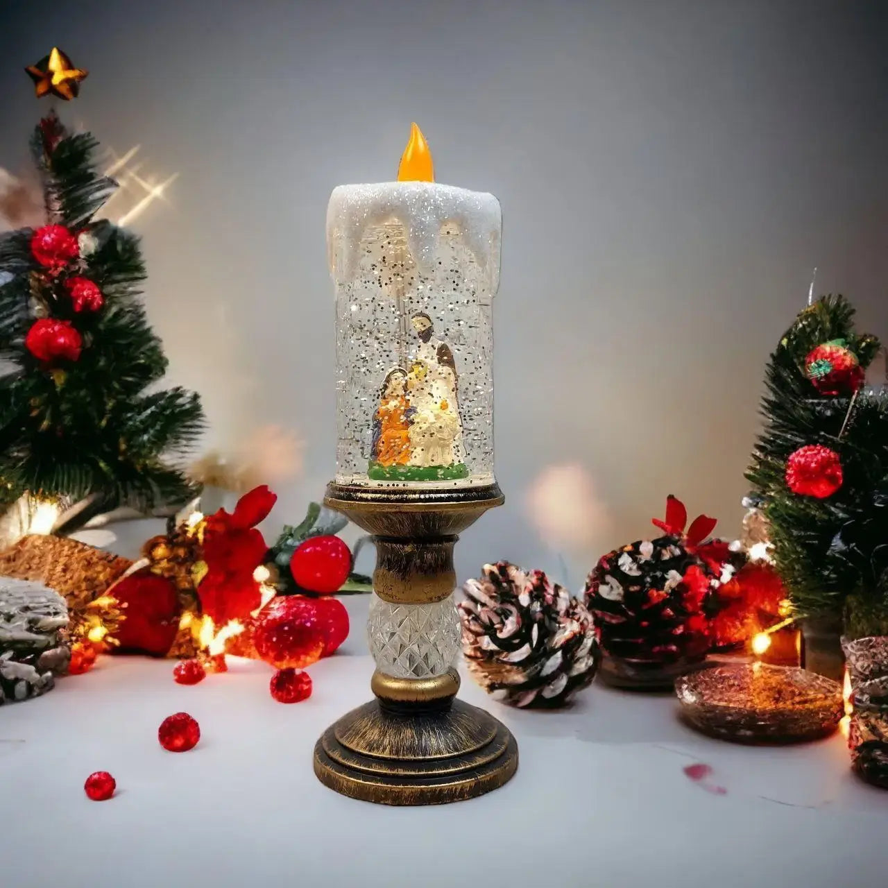 Декоративная новогодняя LED свеча со снегом, 25см, от батареек и USB