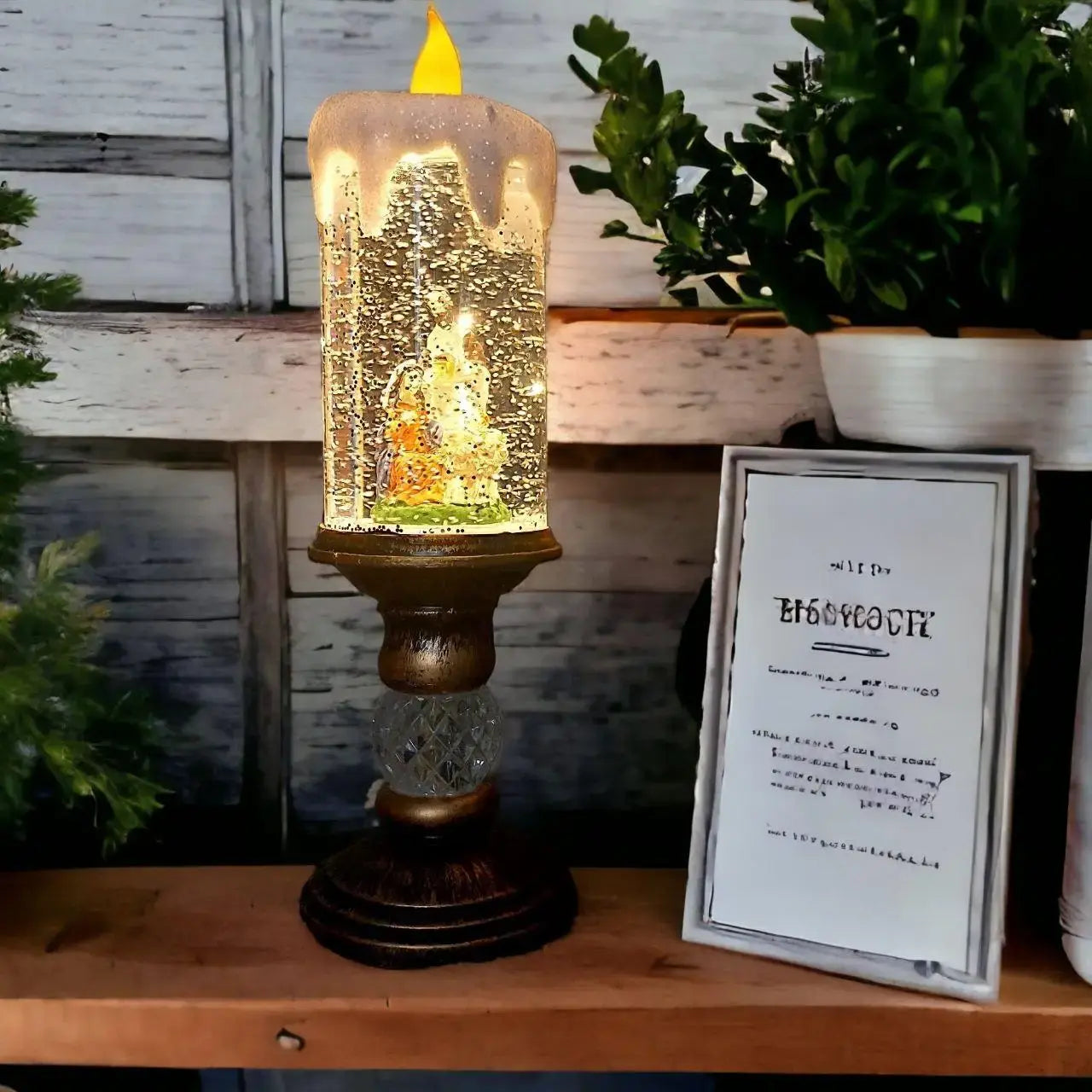 Дед Мороз Декоративная новогодняя LED свеча со снегом, 25см, от батареек и USB