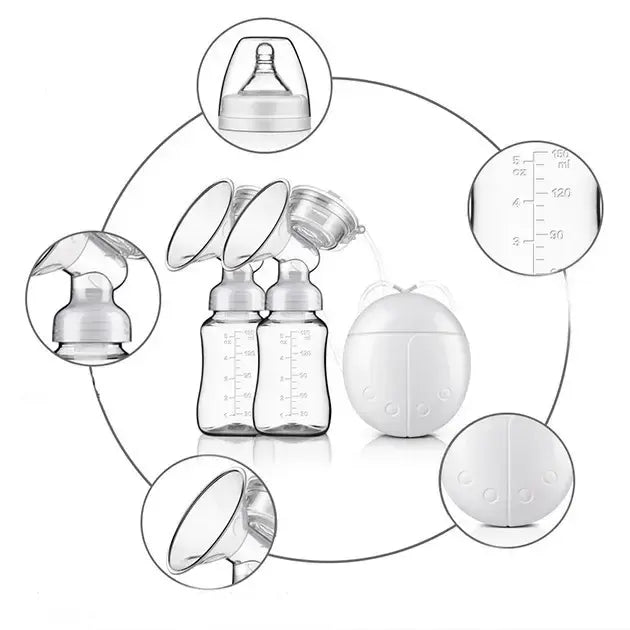 Электрический двойной массажный молокоотсос Kinder Goods в комплекте с 2 бутылочками для молока + соска, USB