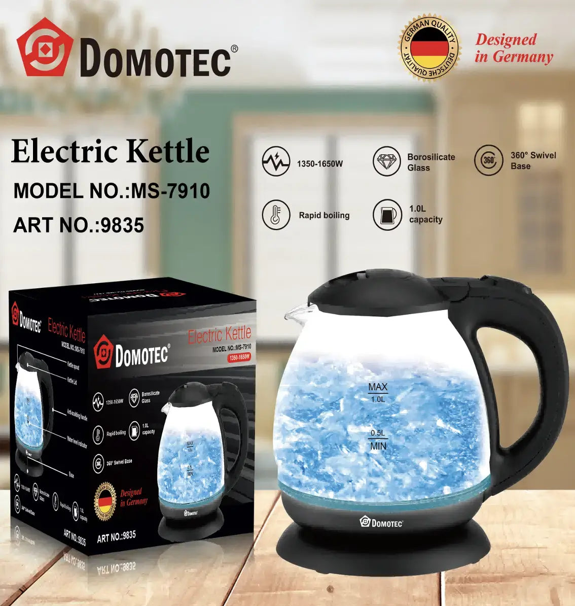 Электрический стеклянный чайник 1 л Domotec MS 7910
