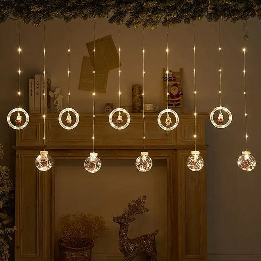 Гирлянда штора 3м с теплым желтым свечением "Круги и шары" елка, снеговик, дед мороз, олень, шапка SF-50