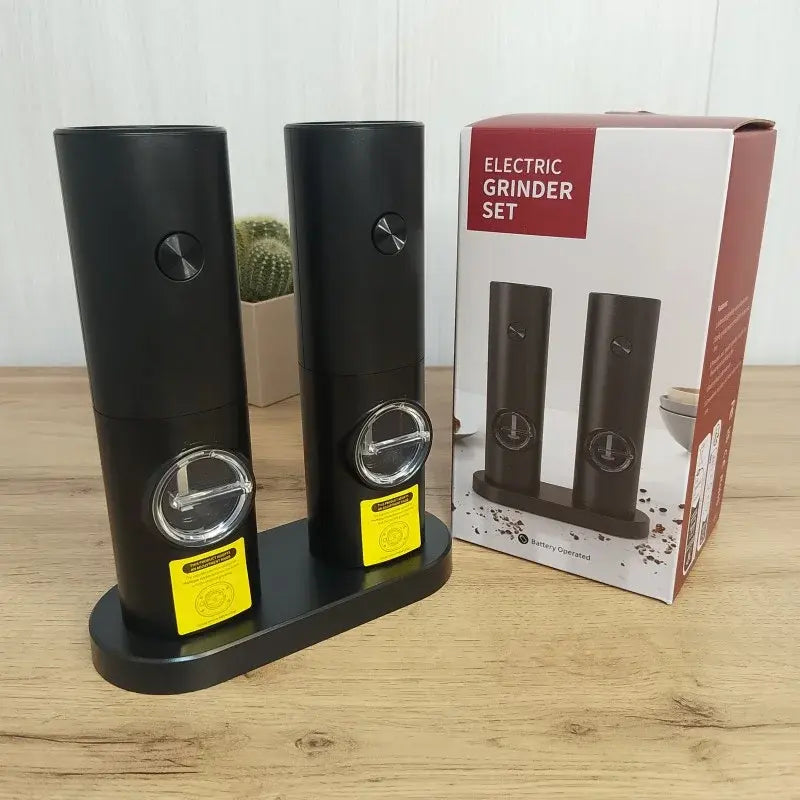 Мельница для специй,перца и соли,электромельница на аккум-ре с подсветкой 2 шт с подставкой Grinder Set BLACK