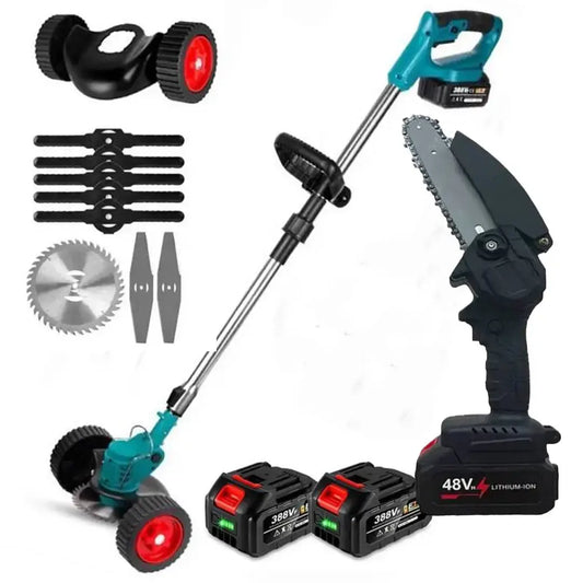Набор 2в1 Газонокосилка с колесами + Пила 48V два аккумулятора Триммер для травы