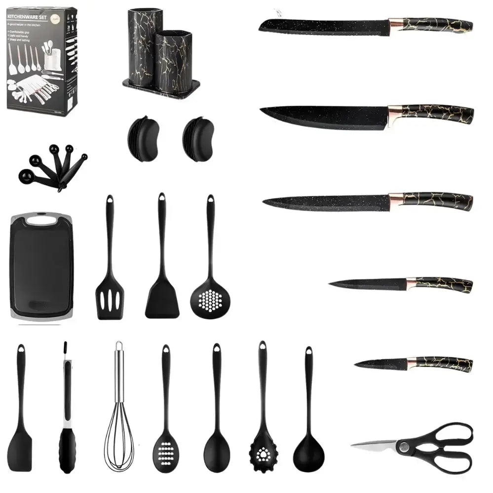 Набор кухонных принадлежностей 25 предметов с двойной подставкой разделочной доской набором ножей прихватками