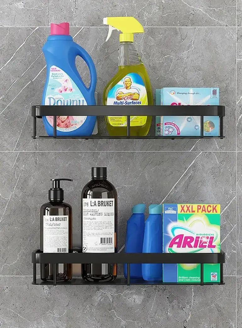 Настенная двухуровневая полка металлическая, самоклеящаяся для ванной комнаты, душевой.