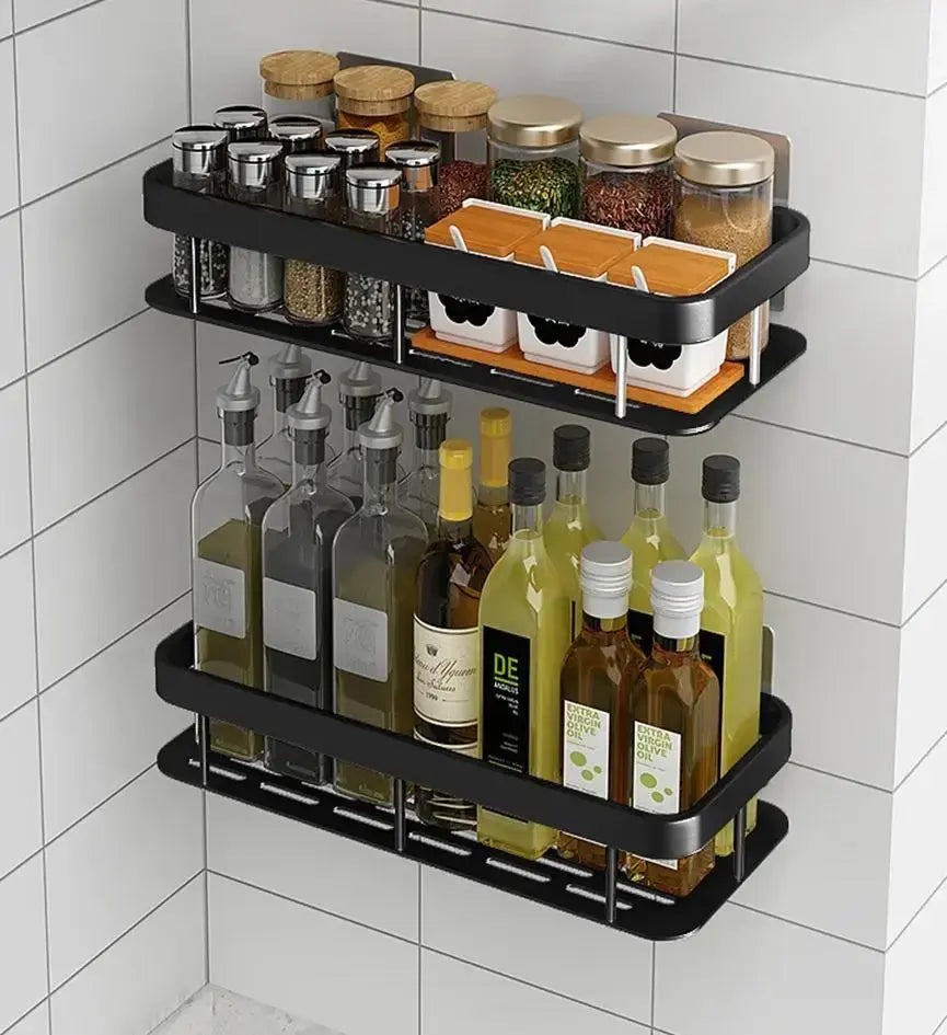 Настенная двухуровневая полка металлическая, самоклеящаяся для ванной комнаты, душевой.