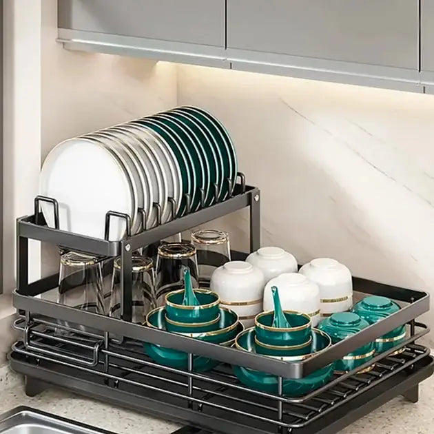 Сушилка для посуды BauTech двухуровневая с держателем для тарелок Черный